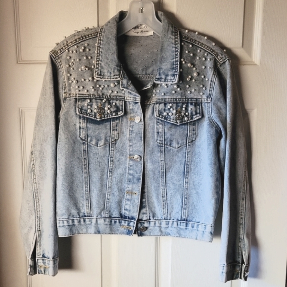 Monicustom Pearl Embellished Blue Denim Jacket Heather on Back Small
